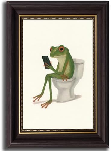 Dark Brown Framed, Funny Frog Wall Art-Whimsical Frog on Toilet by LYNARTFNWallArt