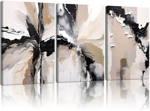 NCCXNCC 3-Piece Black and Beige Abstract Canvas Wall Art, 12x16 Inch Framed by Unknown