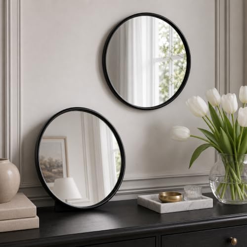 12"x12" Round Decorative Wall Mirror, 2 Pack Metal Framed Real Glass Mirror by OPULINEA