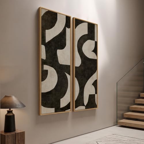 Large Framed Neutral Black Beige Abstract Vertical Wall Art Decor, 2 Pieces - Image 2