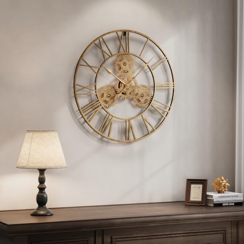 Cuspin 24 Inch Wall Clock with Gears, Industrial Metal Clock, Antique Gold - Image 3