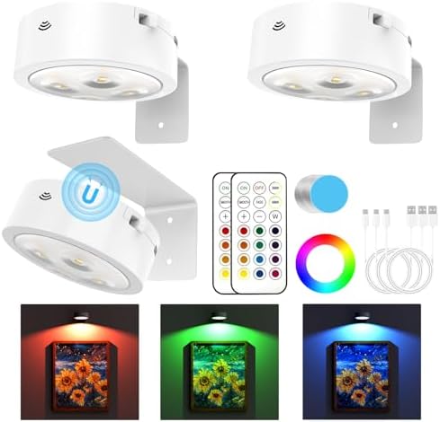 3 Pack Picture Lights for Wall, 13 RGB Color Rechargeable Battery Operated wall by Narotood