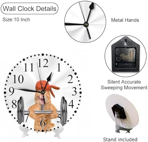 Fitness Cat Wall Clock 10 Inch Battery Operated Lifting A Heavy Big Dumbbell - Image 3
