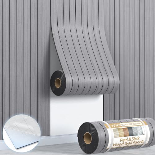 Peel and Stick Wood Slat Wall Panels, 3D PVC Faux Gray Wood Grain Wallpaper by NEPIS