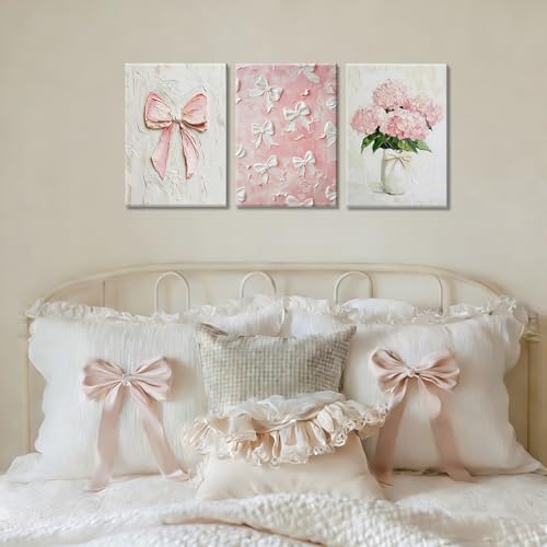 3Pcs Trendy Pink Bows Canvas Wall Art Cute Girly Coquette Watercolor Hydrangea - Image 3