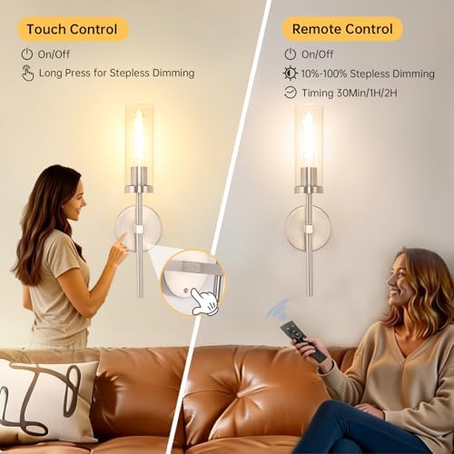Shenmoyl Battery Operated Wall Sconces Set of 2, Nickel Rechargeable Wall - Image 5