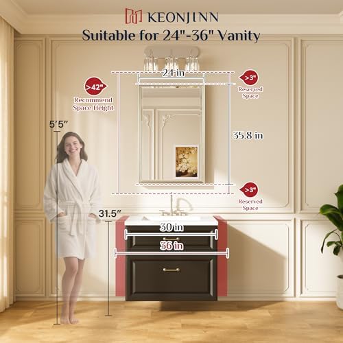 Keonjinn Brushed Nickel Bathroom Mirror 24 x 36 Inch, Aluminum Alloy Frame - Image 2