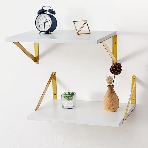 Axeman Deep Floating Shelves for Wall, 12 Inch Deep White and Gold Shelves Set by Axeman