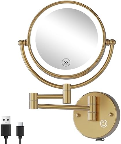 8" Rechargeable Brass 1X/5X Makeup Magnifying Mirror Wall Mount by RECKODOR