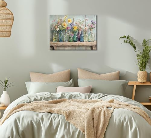 Farmhouse Flower Canvas Wall Art Wildflowers Bottles Wall Decor Rustic Plants - Image 2
