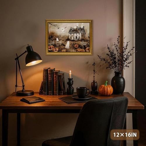 AVECCO Halloween Haunted House Ghost Wall Art Canvas Framed 12x16 in - Image 4