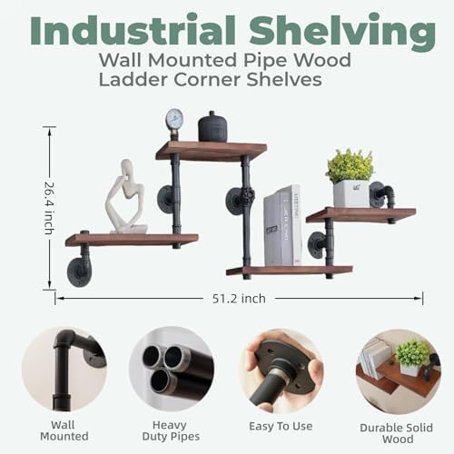 Industrial Rustic Modern Solid Wood Ladder Pipe Wall Mounted Floating Shelves – - Image 2