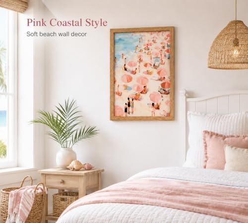 Framed Pink Beach Umbrella Canvas Wall Art, Coastal Picture Wall Decor - Image 3