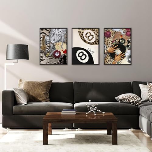 Fashion Cheetah Wall Art Set of 3 Leopard Wall Decor Pictures Lucky 8 Ball - Image 2