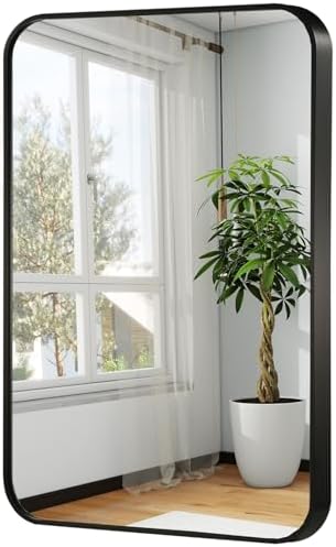 22x30 Inch Black Wall Mirror for Bathroom, Brushed Metal Framed Mirror by JENBELY