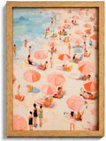 Framed Pink Beach Umbrella Canvas Wall Art, Coastal Picture Wall Decor by HJYQLN