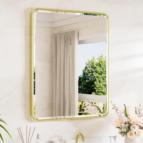TETOTE Brushed Gold Bathroom Mirror 24 x 30 Beveled Edge Tempered Glass by TETOTE