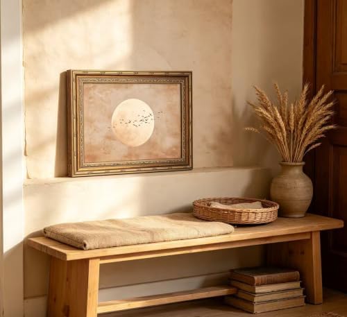 Vintage Gold Framed Minimalist Moon and Birds in Flight Wall Art, Neutral Beige - Image 4