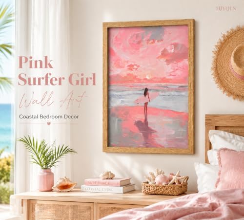 Framed Pink Surfer Girl Canvas Wall Art, Sunset Girly Picture Wall Decor - Image 3