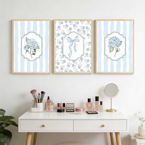 3Pcs Blue Hydrangea Wall Art Trendy Light Blue Striped Watercolor Bow Coquette - Image 6