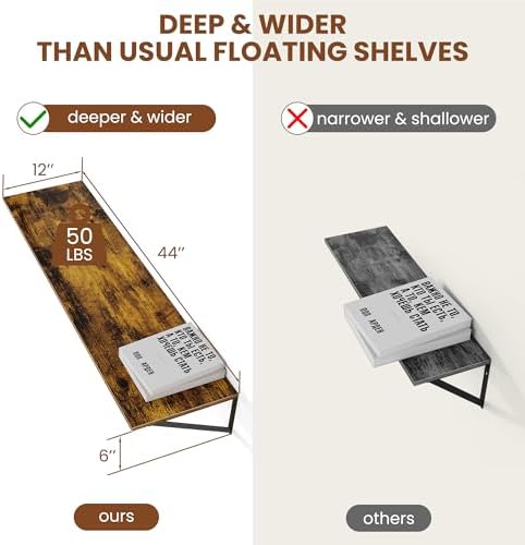 Heimlove 44W x 12D Deep Floating Shelves Set of 2 Rustic Brown - Image 3