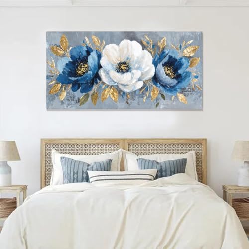Elegant Blue White Flower Wall Art - Image 2