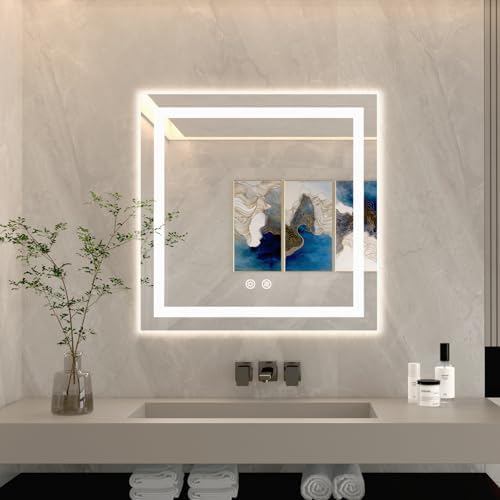36 X 36 Inch Square LED Bathroom Vanity Mirror, 3 Colors Light Dimmable by Bulife