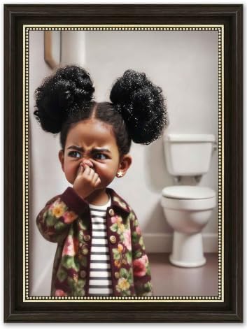 Dark Brown Framed Canvas Wall Art Funny African American Girl Bathroom Painting by Lyizeba