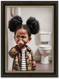 Dark Brown Framed Canvas Wall Art Funny African American Girl Bathroom Painting by Lyizeba