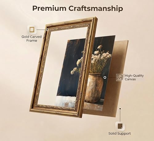 Vintage Gold Framed Wall Art, Fall Dried Flowers Antique Vase Country Oil - Image 4