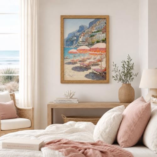 Framed Pink Umbrella Coastal Canvas Wall Art, Beach Scene Picture Wall Decor - Image 2