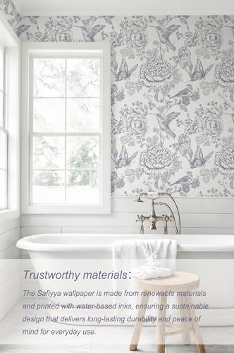 Safiyya Blue White Peel and Stick Wallpaper Floral Birds Butterfly Contact - Image 5