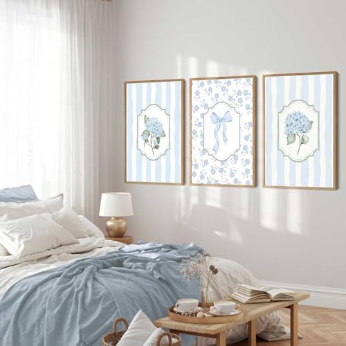 3Pcs Blue Hydrangea Wall Art Trendy Light Blue Striped Watercolor Bow Coquette - Image 3