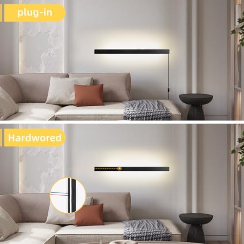 KELUOLY Modern Plug in Wall Lights, 31.4 inch Frosted Black LED Long Wall Sconce - Image 3