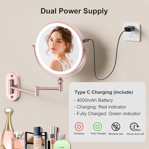 9" Wall Mounted Lighted Makeup Mirror, 4000mAh Rechargeable Double Sided 1X/30X - Image 6