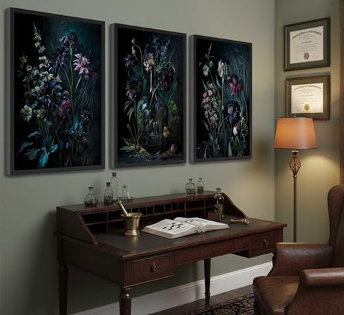 hijyord 3 Pcs Dark Academia Floral Canvas Wall Art 12x16in Unframed - Image 3