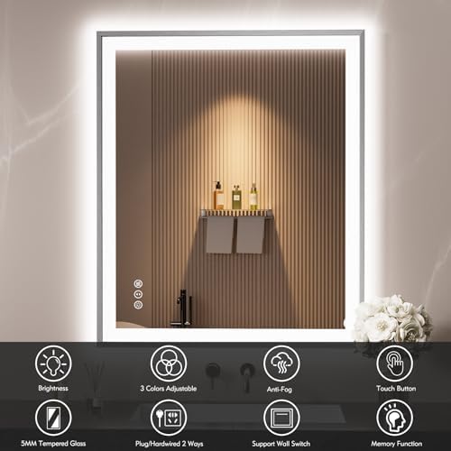 30x36 Inch LED Mirror for Bathroom, Brushed Nickel Frame - Image 2