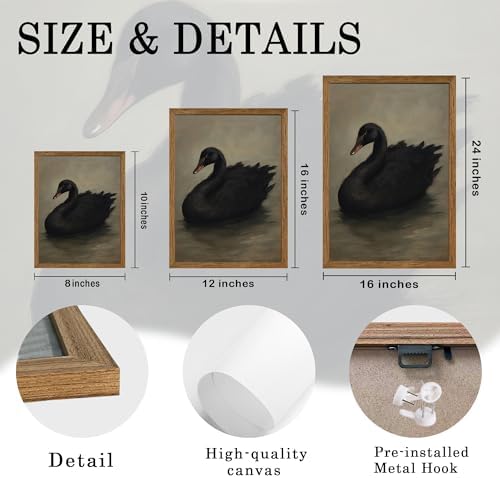 AVECCO Vintage Elegant Black Swan on Water Wall Art Canvas Framed 16x24 in - Image 6