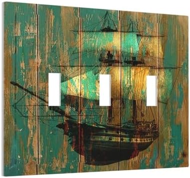 Decorative Switch Plates Rustic Green Wood Grain Sailboat 3 Gang Wall Plate - Image 2