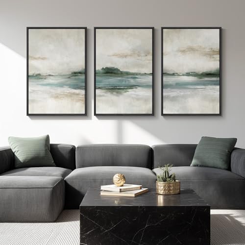 Large Framed Blue Green Abstract Landscape Wall Art, 3 Piece Set, 20x30 In by Cuspin