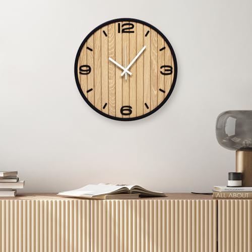 12 Inch Round Wall Clock Battery Operated, Wooden Decorative Analog Clocks - Image 4