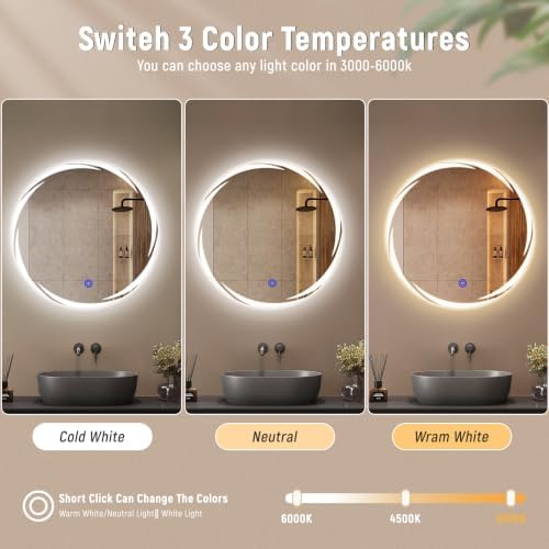 Bathroom Smart Mirrors with Three Color LED Lights, 20”x20 Bath Round Mirror - Image 4