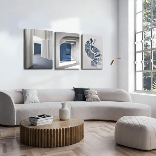 NCCXNCC 3pcs Blue-Grey Abstract Canvas Wall Art, 16x24 Inches Framed - Image 3