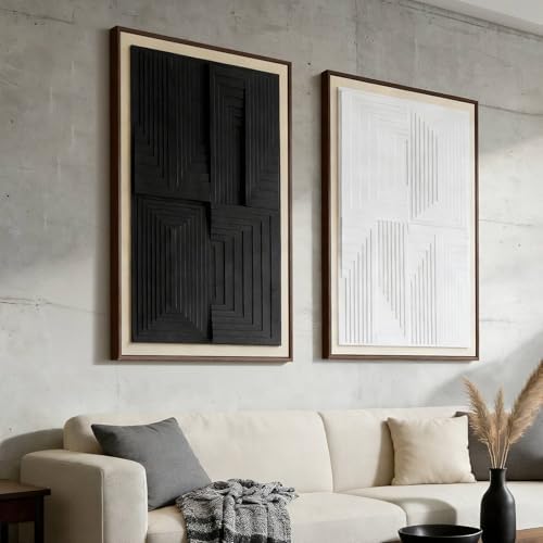 Thalasse Modern Abstract Wall Art Large Framed 3D Black White 24x36 In by Thalasse%7C3DTactileWallArt