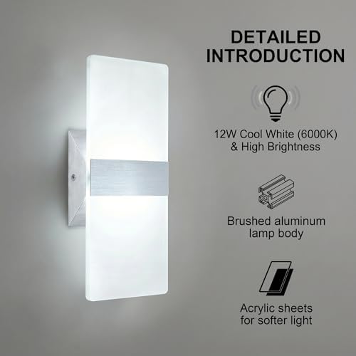 12W Modern LED Wall Sconces 4-Pack, 6000K Cool White - Image 3