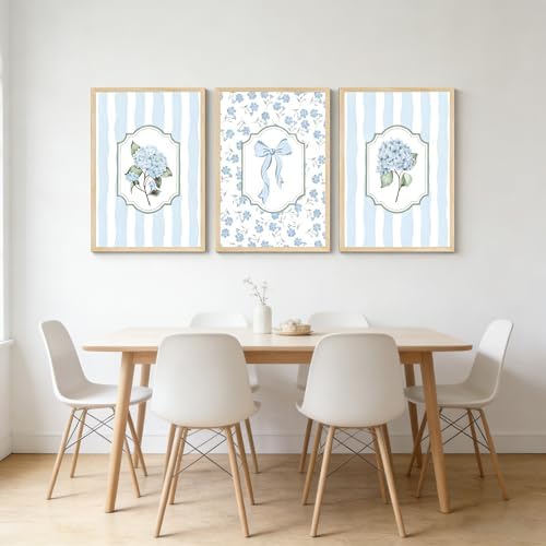 3Pcs Blue Hydrangea Wall Art Trendy Light Blue Striped Watercolor Bow Coquette - Image 6