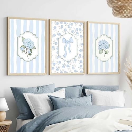 3Pcs Blue Hydrangea Wall Art Trendy Light Blue Striped Watercolor Bow Coquette - Image 2