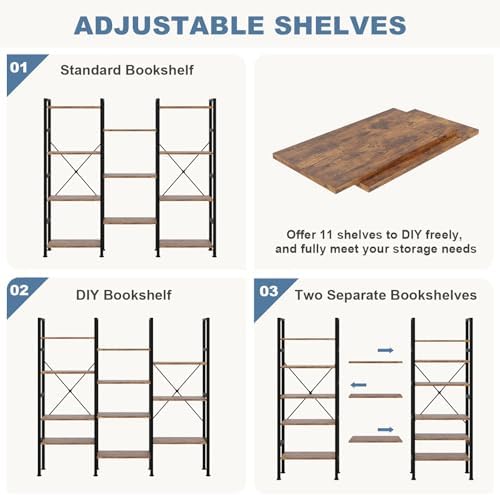 DUMOS Triple Column 4 Tier Bookshelf, Wide Industrial Bookcase - Image 4