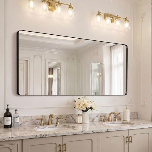 Kosmonia 60x28 inch Black Bathroom Mirror Metal Framed Rounded Rectangle by Kosmonia