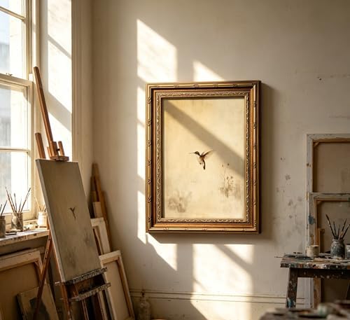 Vintage Gold Framed Hummingbird Wall art, Antique Flying Bird Oil Painting - Image 5
